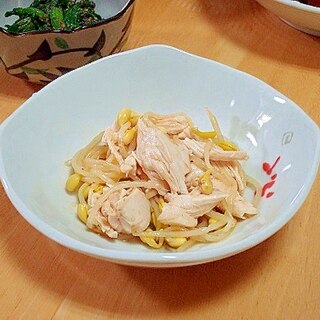 市販のたれで豆もやしとささみのピリ辛ナムル